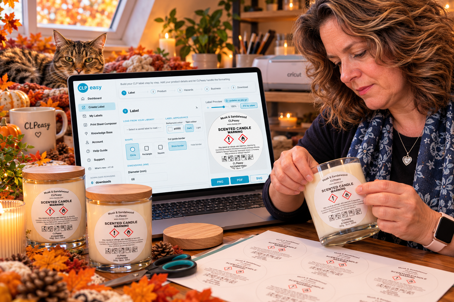 Michaela creating and printing CLPeasy labels in her candle-making workspace