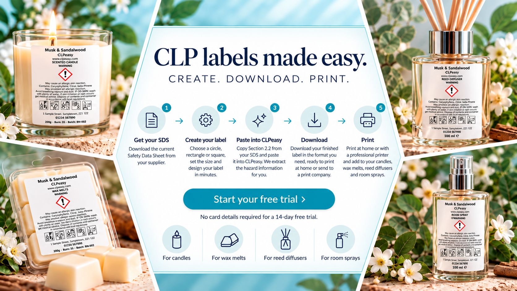CLPeasy — CLP labels made easy. Create, download and print labels for candles, wax melts, reed diffusers and room sprays.