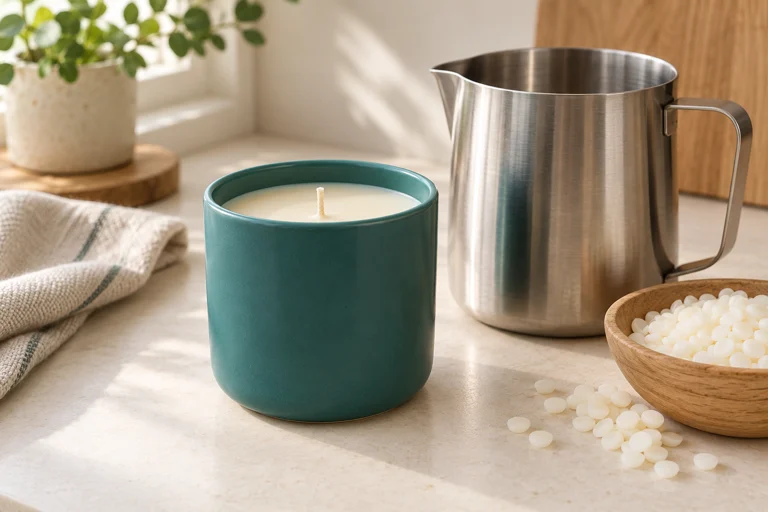 Unlit teal candle beside a pouring pitcher and wax pellets