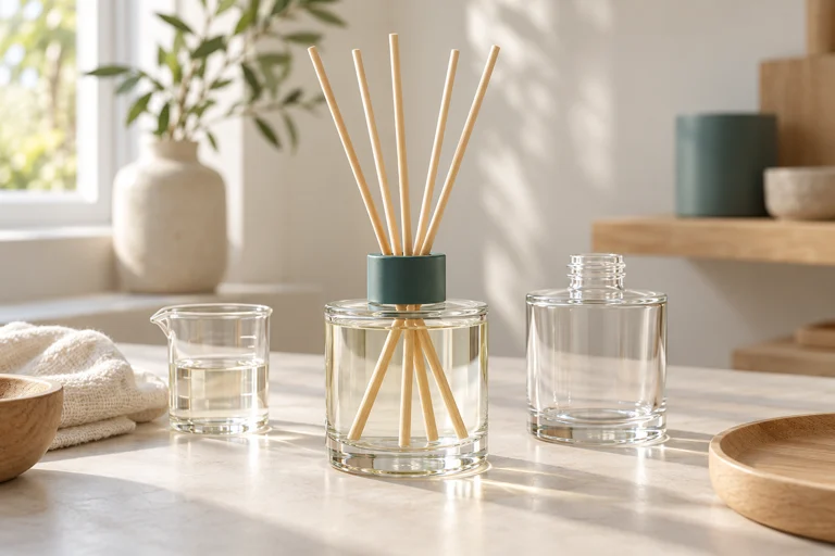 Clear reed diffuser with a teal collar and natural reeds