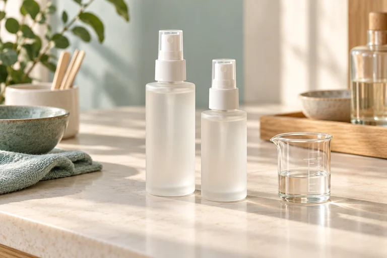 Frosted room spray bottles beside a measuring beaker