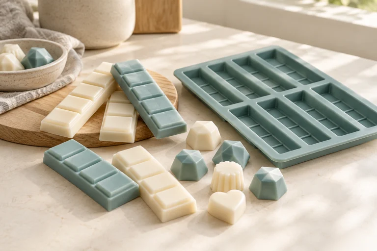 Ivory and teal wax melt snap bars beside a silicone mould