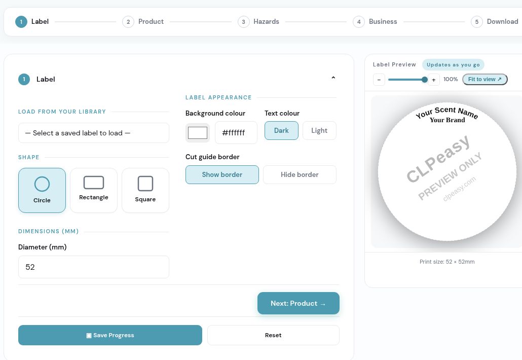 Step 1: shape, dimensions and cut border. The preview is an example workspace, not a finished label.