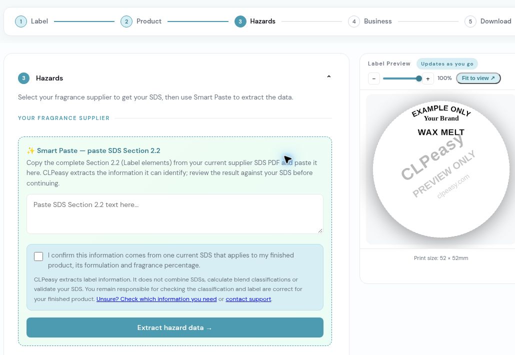 Step 3: Smart Paste and the source confirmation. No sample hazard classification is supplied by this guide.